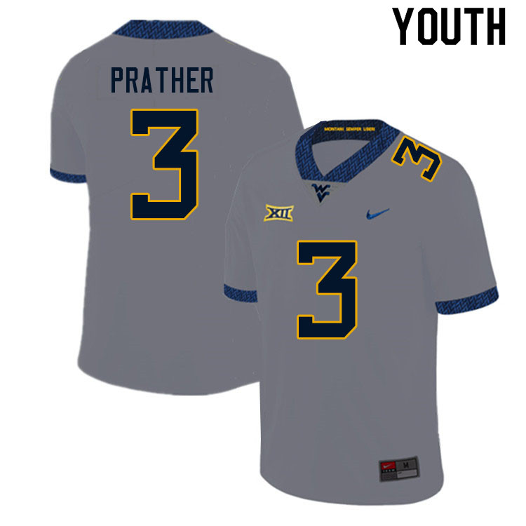 Youth #3 Kaden Prather West Virginia Mountaineers College Football Jerseys Sale-Gray